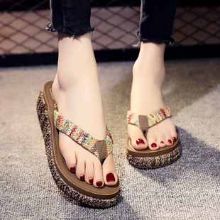 洗澡防滑坡跟夹脚凉拖鞋 厚底拖鞋 女高跟人字拖女布 女外穿时尚 拖鞋