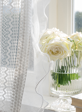 法式蕾丝纱帘卧室飘窗免打孔白色蕾丝镂空窗帘魔术贴隔断穿杆帘