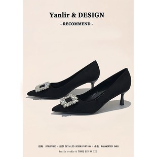 职业黑色高跟鞋 女细跟尖头中跟5cm秋方扣水钻工作通勤不累脚单鞋