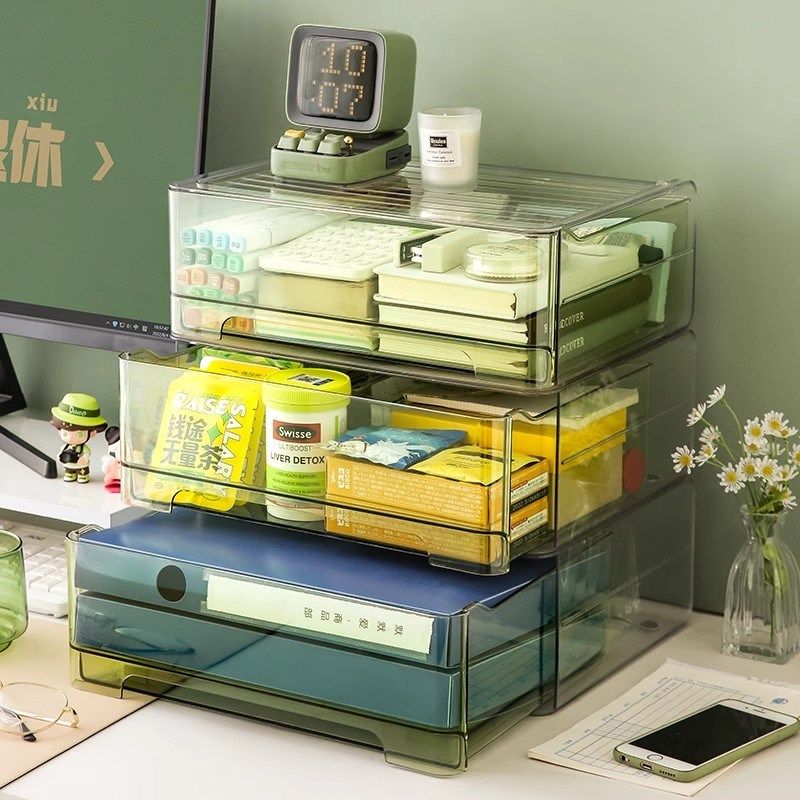 多层叠加桌面收纳盒抽屉式A4文件置物架办公室书桌杂物整理箱透明