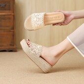 女外穿2025夏季 新款 韩版 高跟凉鞋 松糕厚J底鞋 编织亚麻坡跟一字凉
