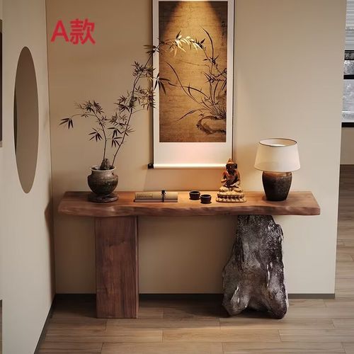 侘寂风原木自然边客厅玄关桌装饰条案端景台全实木酒店民宿玄关台