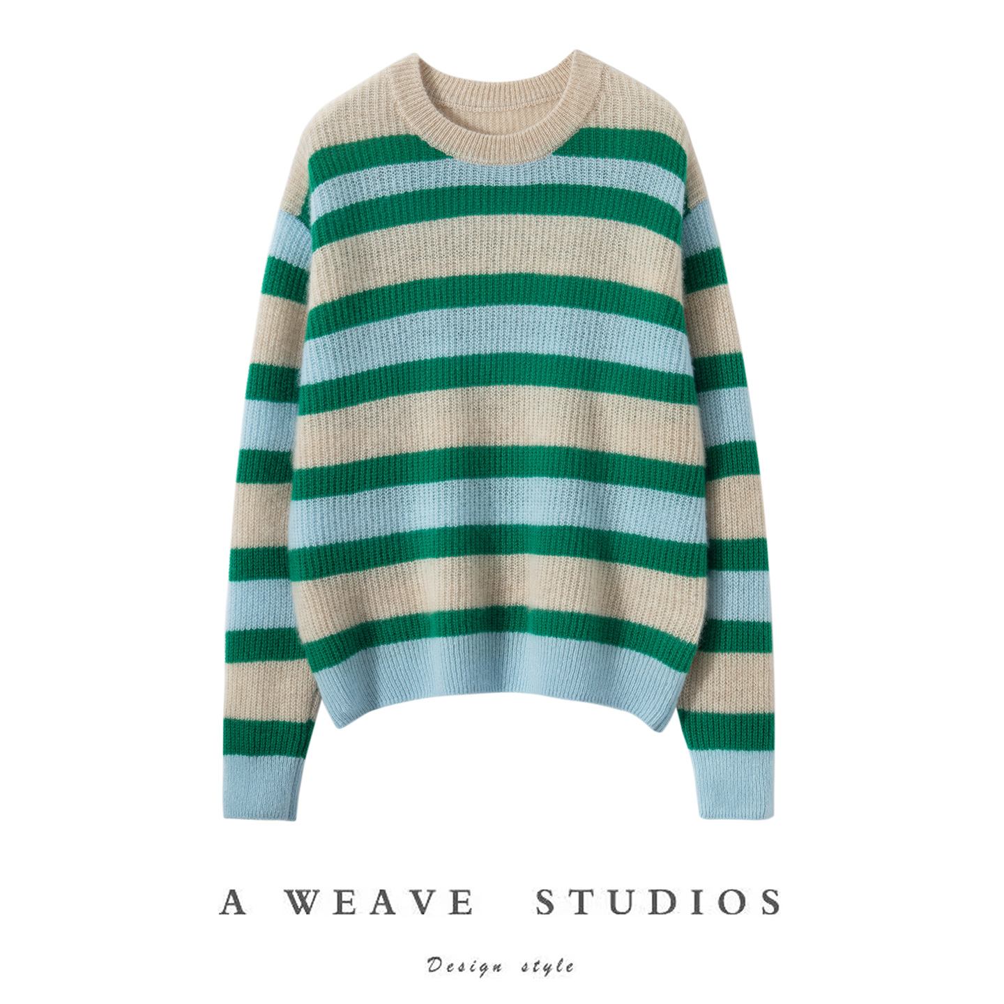 100%山羊绒圆领绿色条纹慵懒毛衣