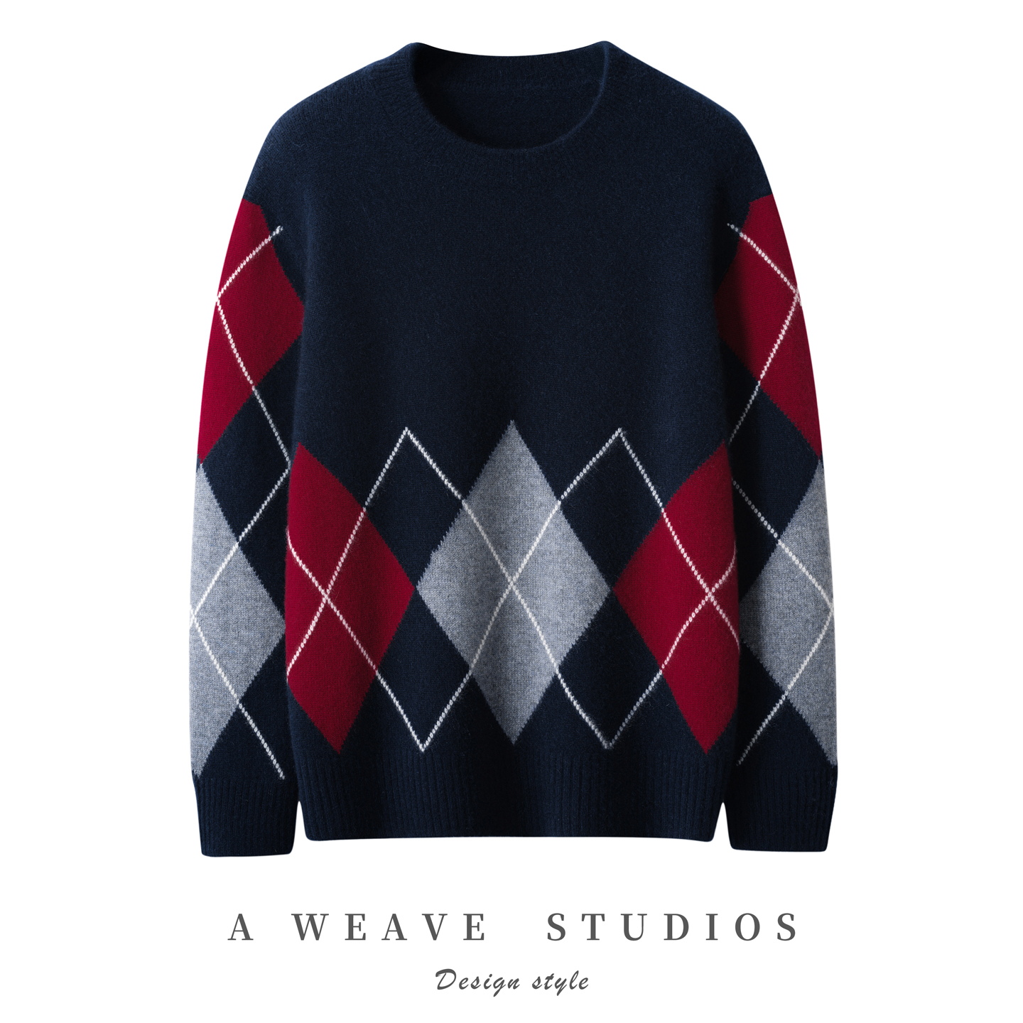 圆领菱形格针织衫毛衣100%山羊绒