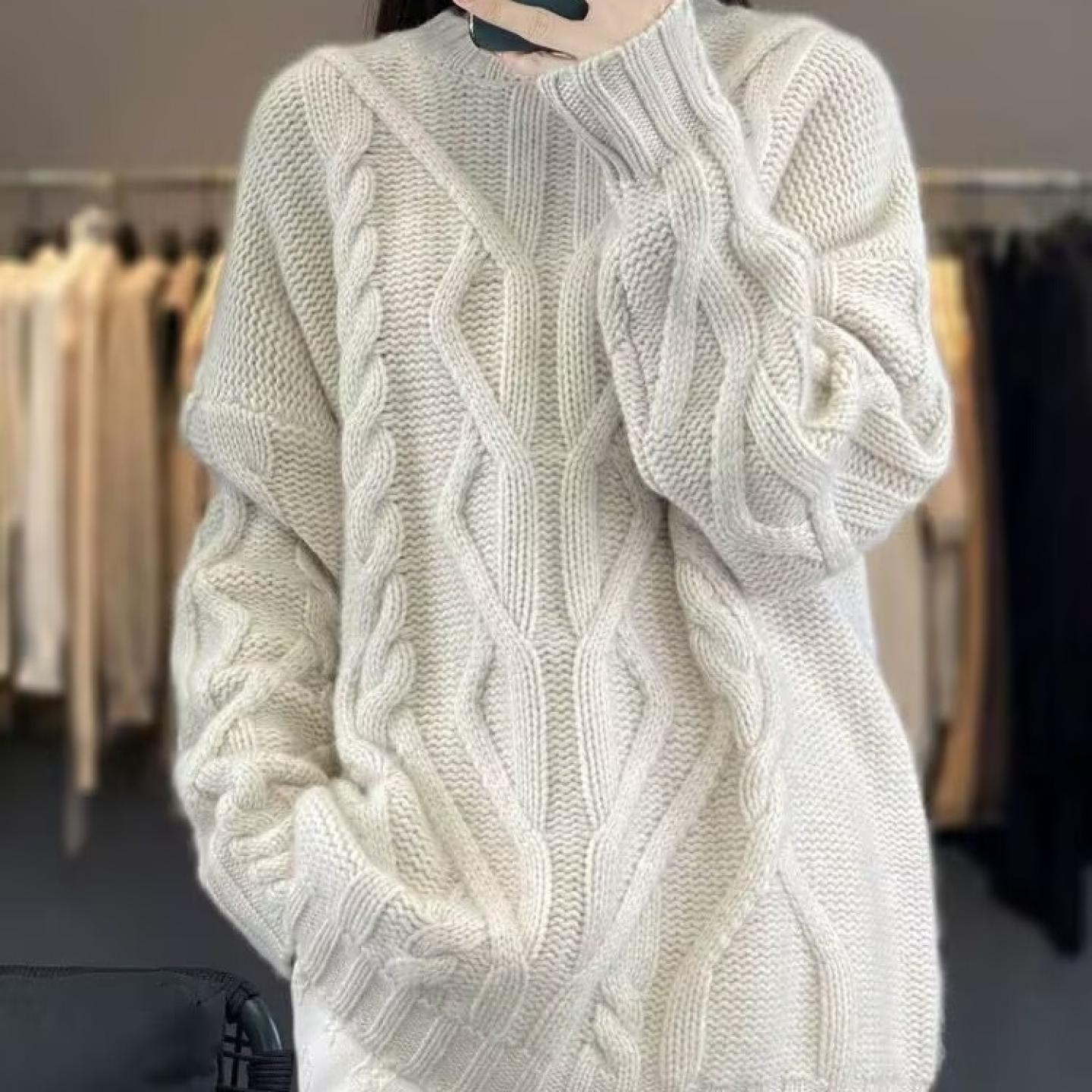 粗棒针100%山羊绒毛衣女2026秋冬新款宽松麻花加厚套头针织打底衫