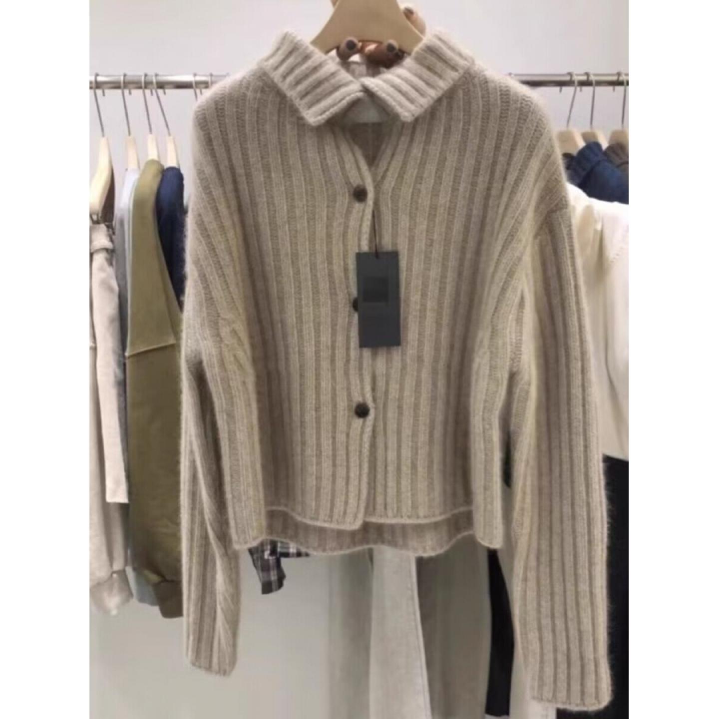 100%山羊绒开衫女加厚坑条翻领