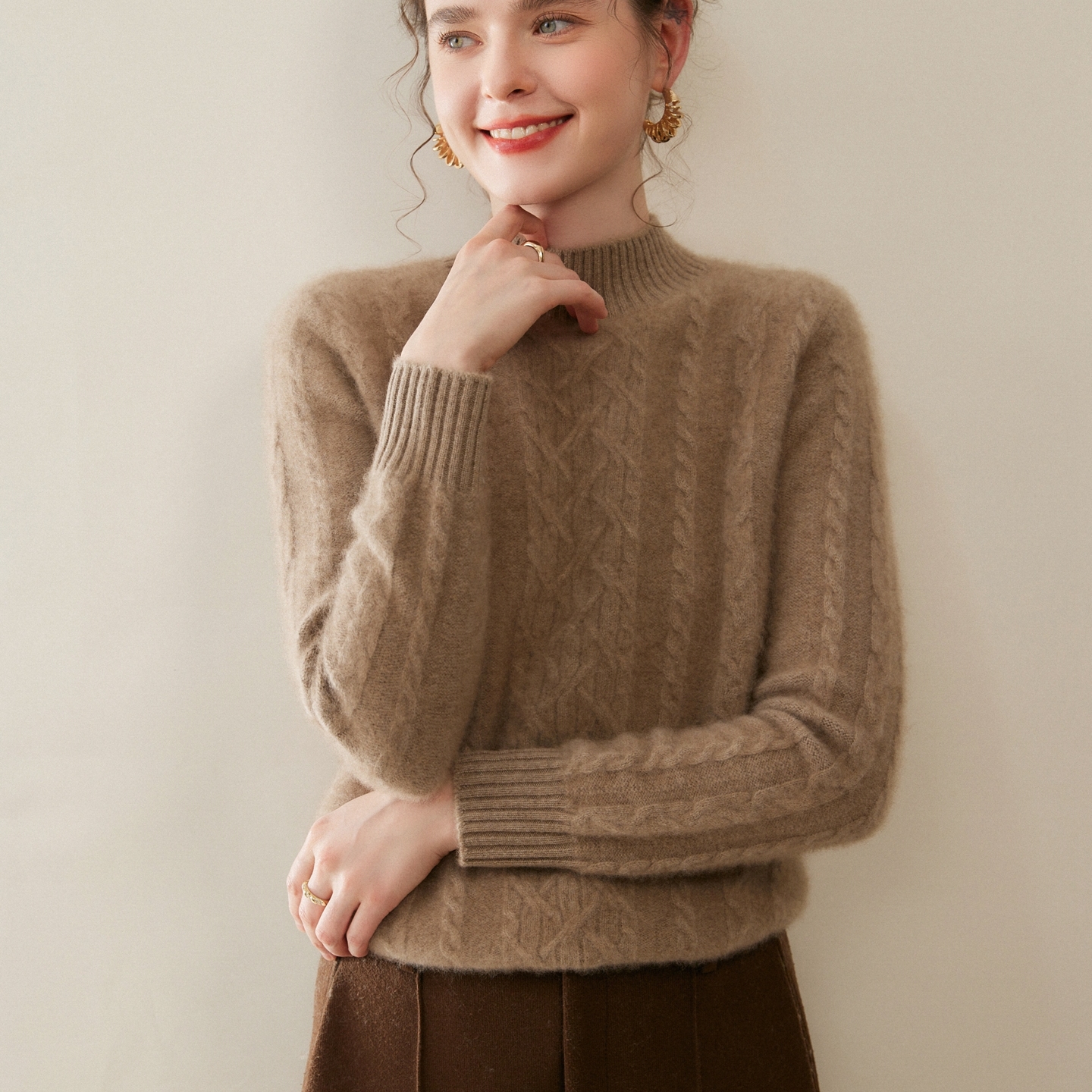 宽松打底衫半高领麻花100%山羊绒