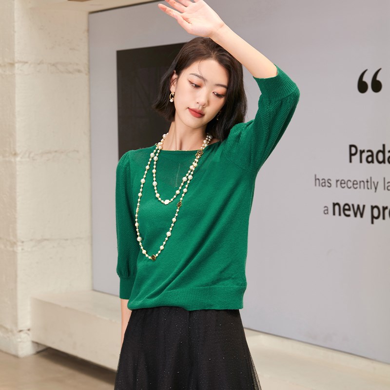 杨门绿色针织衫女装上衣套头九分袖春秋长袖毛衣低圆领针织毛衫