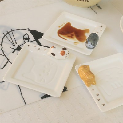 猫部杂货日式卡通猫咪味碟手绘立体趴趴猫方形酱油碟火锅蘸料小碟