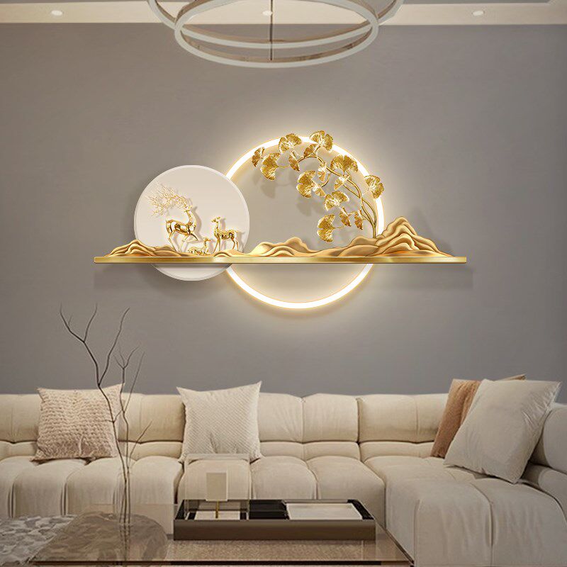 5D立体客厅装饰画高级感沙发背景墙实物银杏叶奶油风壁灯画寓意好