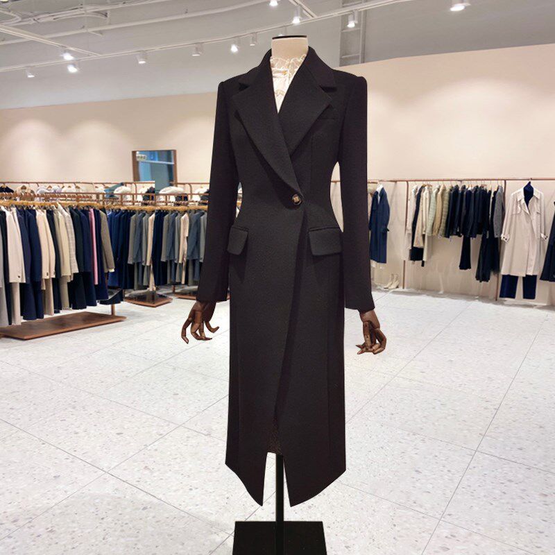 2024新款秋冬女款毛呢西装料过膝大衣一粒扣流行气质百搭毛呢外套