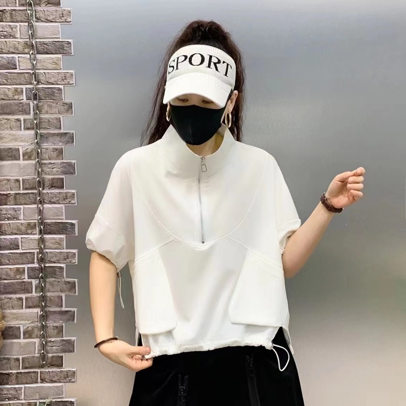 2023夏季新款蝙蝠袖短袖T恤套装大码女装时尚短款立领拉链两件套