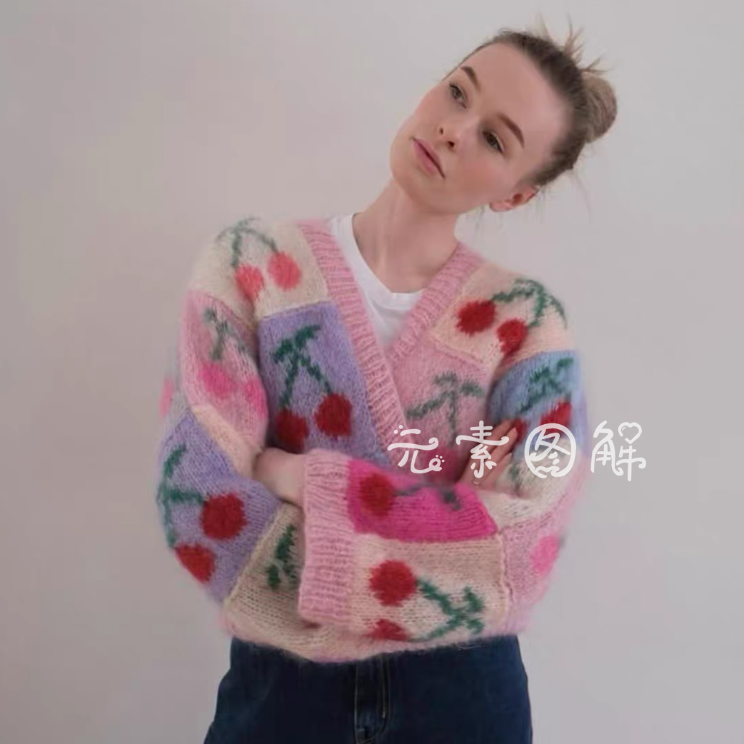 樱桃开衫图解提花 女士马海毛毛衣图解编织教程中文字图解教程