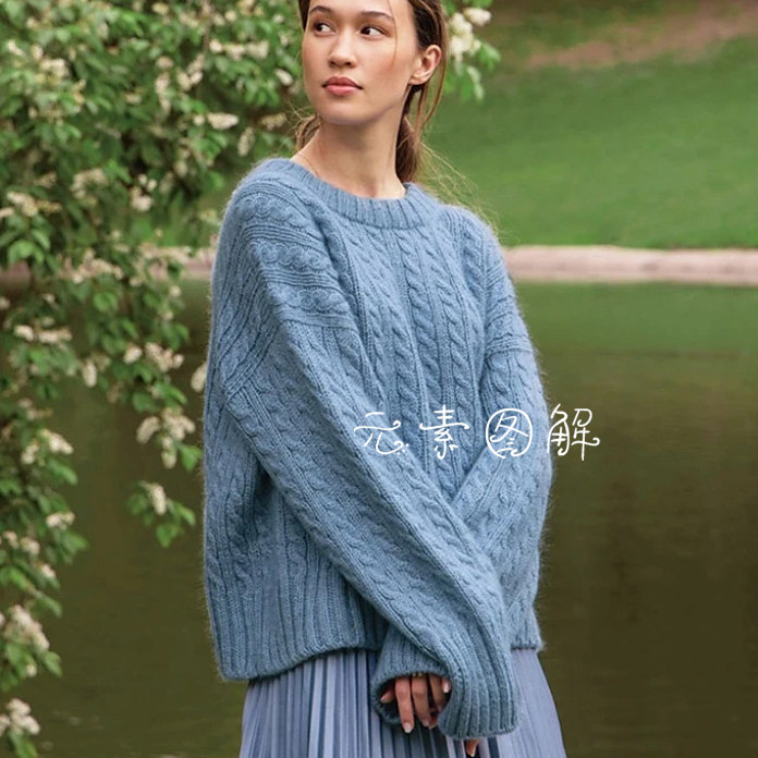 762尔雅套衫图解 圆领麻花落肩袖 女士毛衣棒针编织教程中文字版