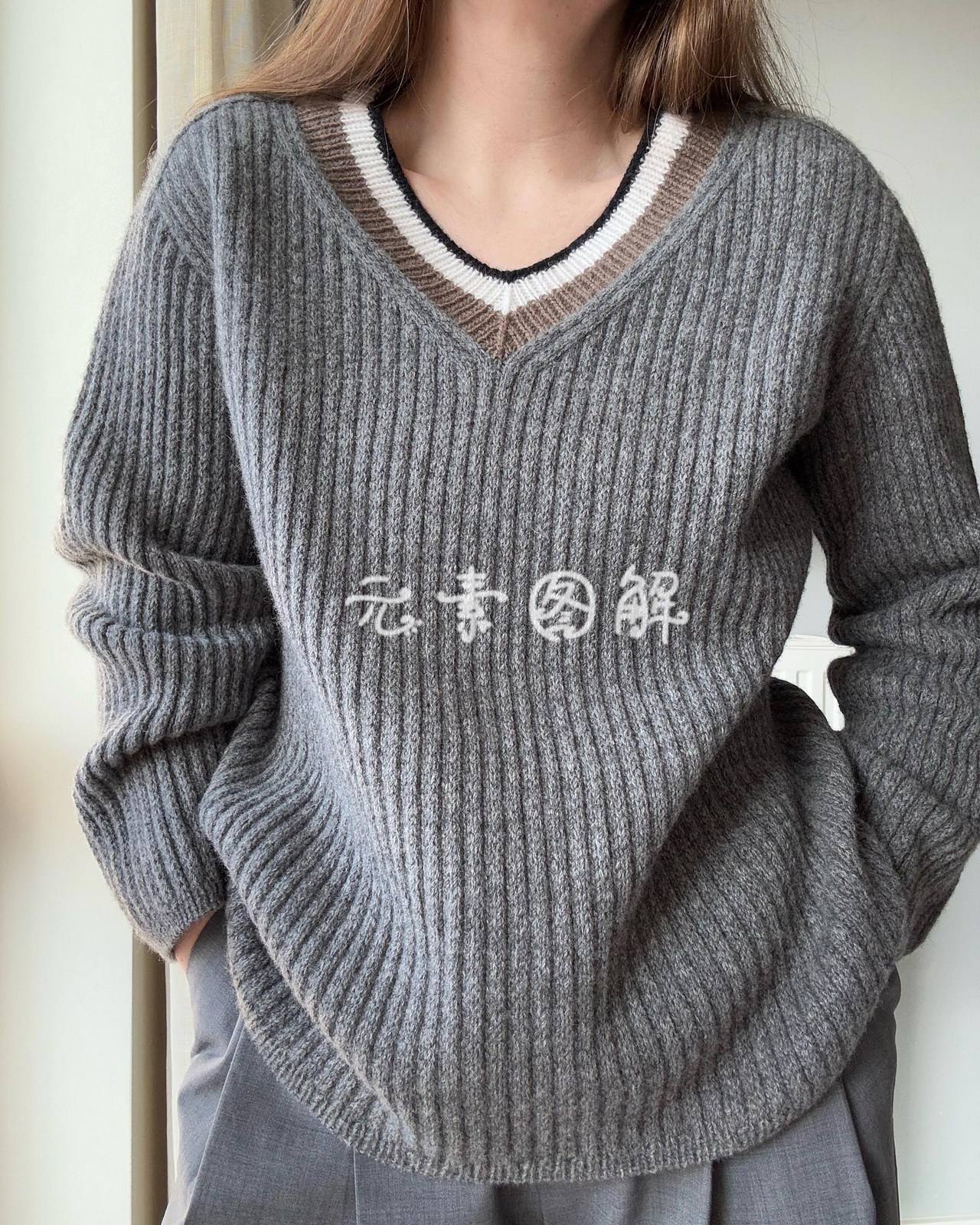 卡洛塔套衫图解  V领撞色落肩女士毛衣图解编织教程中文字版