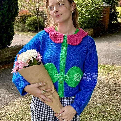 [英文]Crazy Daisy Cardigan图解女士花瓣领开衫毛衣编织图解教程