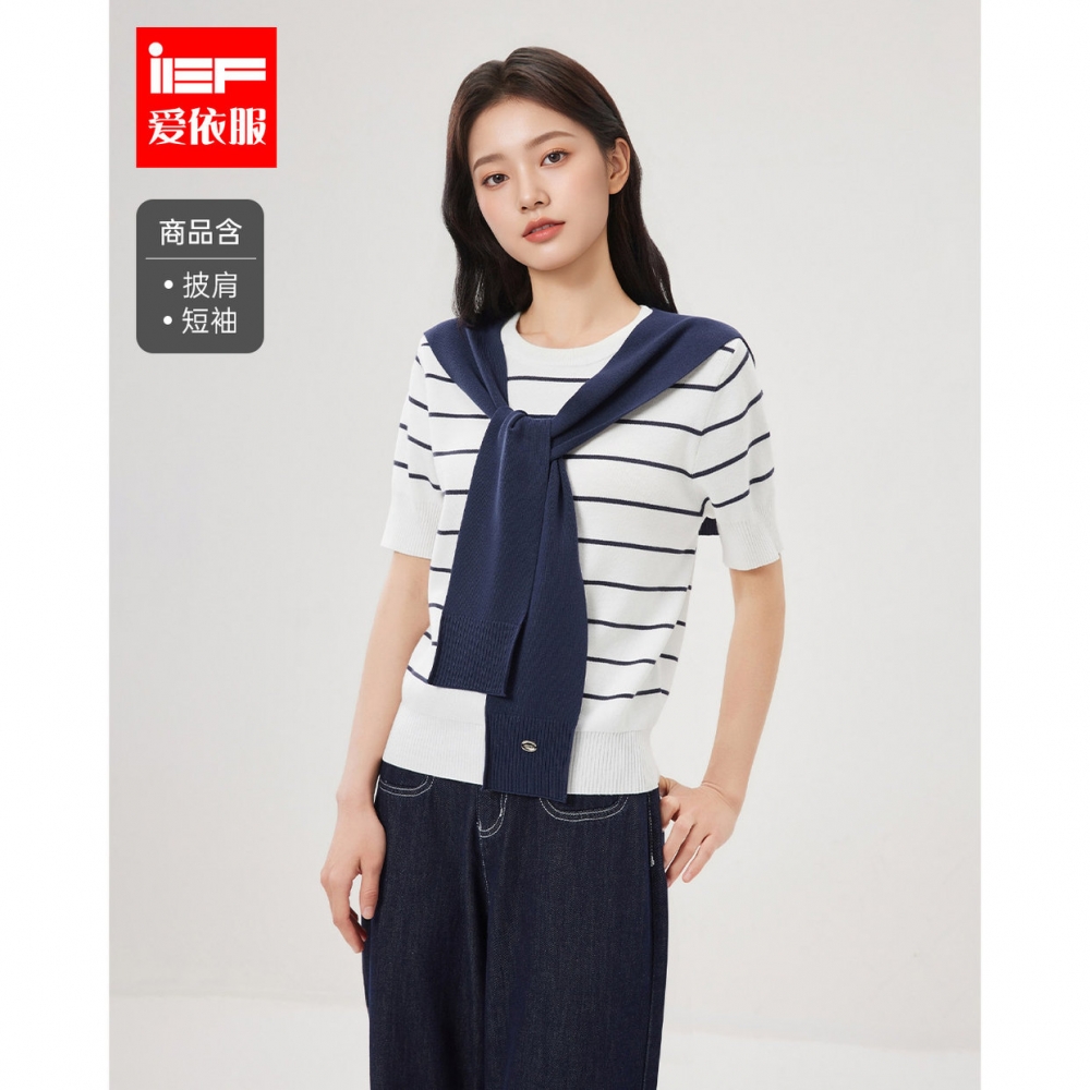 IEF/爱依服2025年春夏新款短袖针织衫女简约条纹休闲百搭毛织上衣