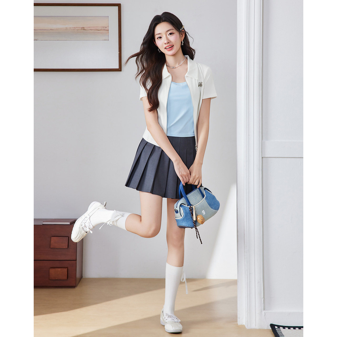 IEF/爱依服【小个子】短袖t恤女翻领双头拉链上衣掐腰修身polo衫图片