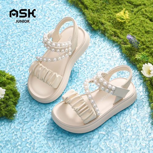 女童时尚珍珠公主鞋软底罗马凉鞋