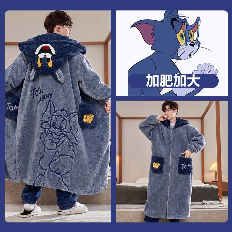 秋冬季珊瑚绒男睡袍新款胖哥哥大码睡衣男加厚加绒卡通长袍家居服