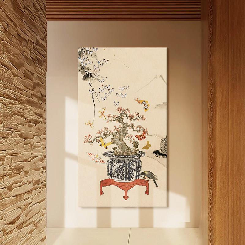 宋代美学蝴蝶花鸟图挂画软装饰品茶室迎客松客厅玄关中式落地摆件
