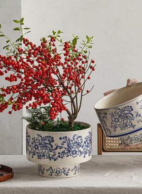 青花瓷花盆冬青陶瓷大口径精致新中式室内装饰高脚覆古瓷器绿植