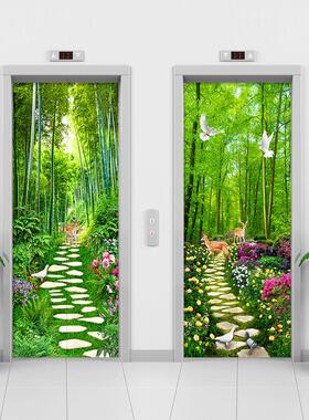 防水不干胶装修电梯门套贴纸竹林竹林麋鹿绿色植物绿色自然风光花