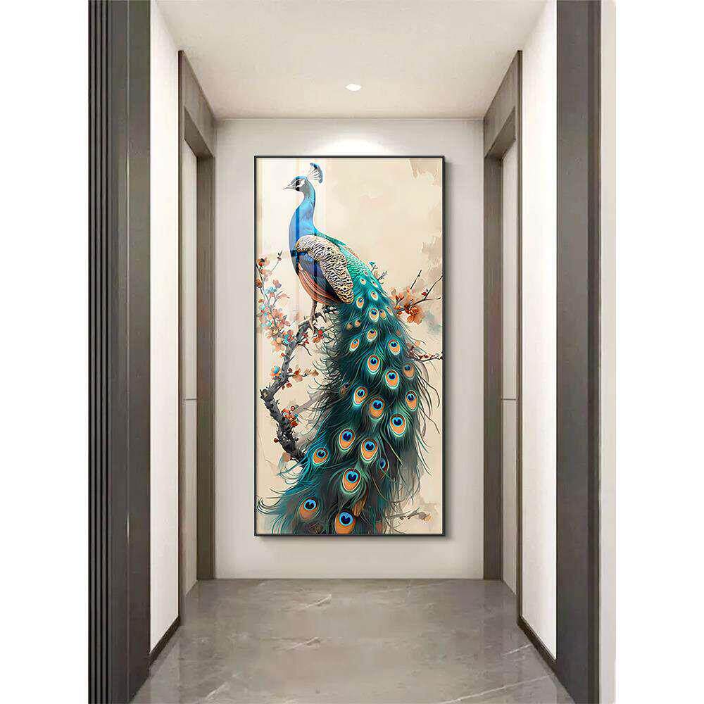 玄关装饰画竖版走廊过道挂画中国风入户客厅正对门墙画孔雀壁挂画