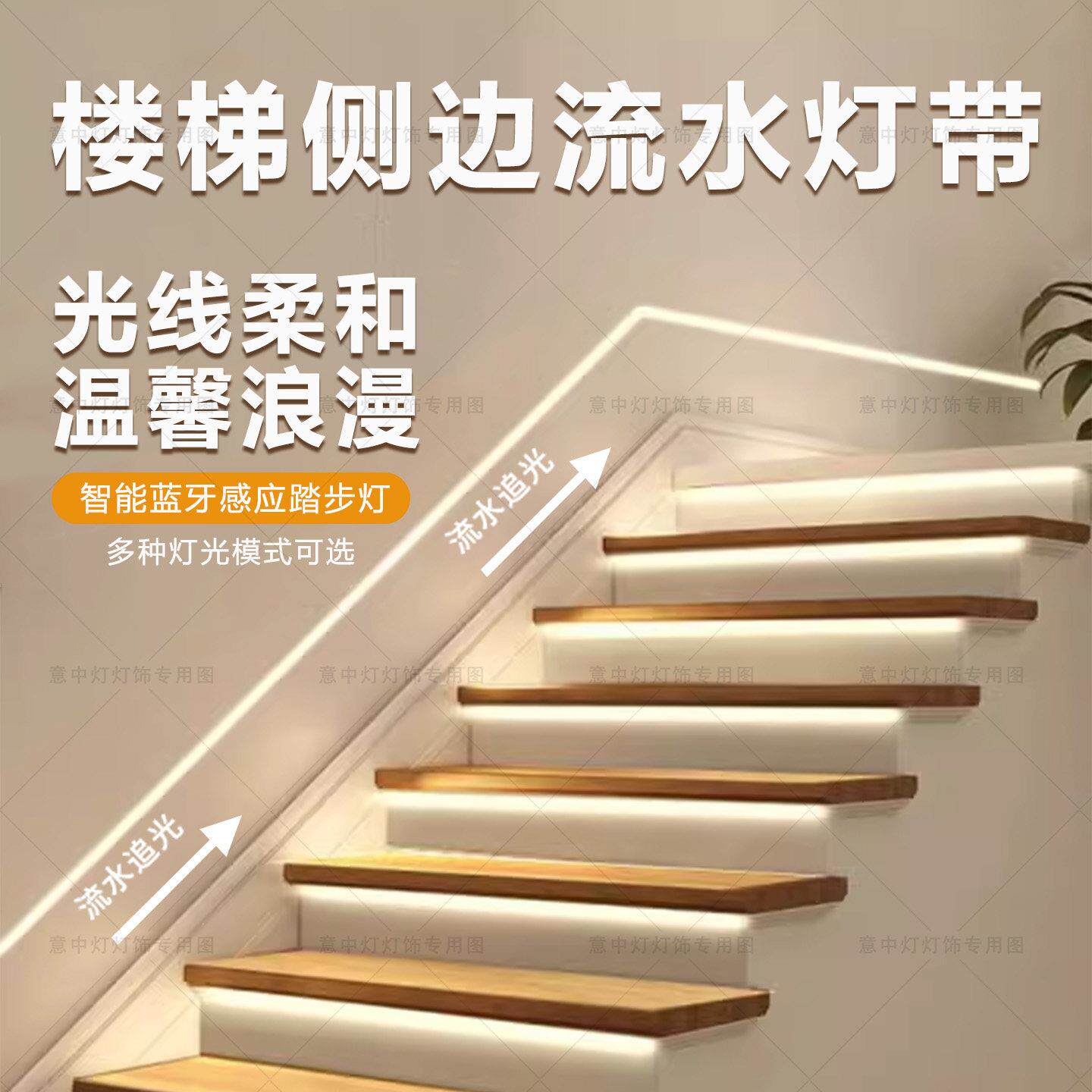 110V楼梯扶手流水灯带智能人体感应跑马踢脚线追光氛围灯条免布线