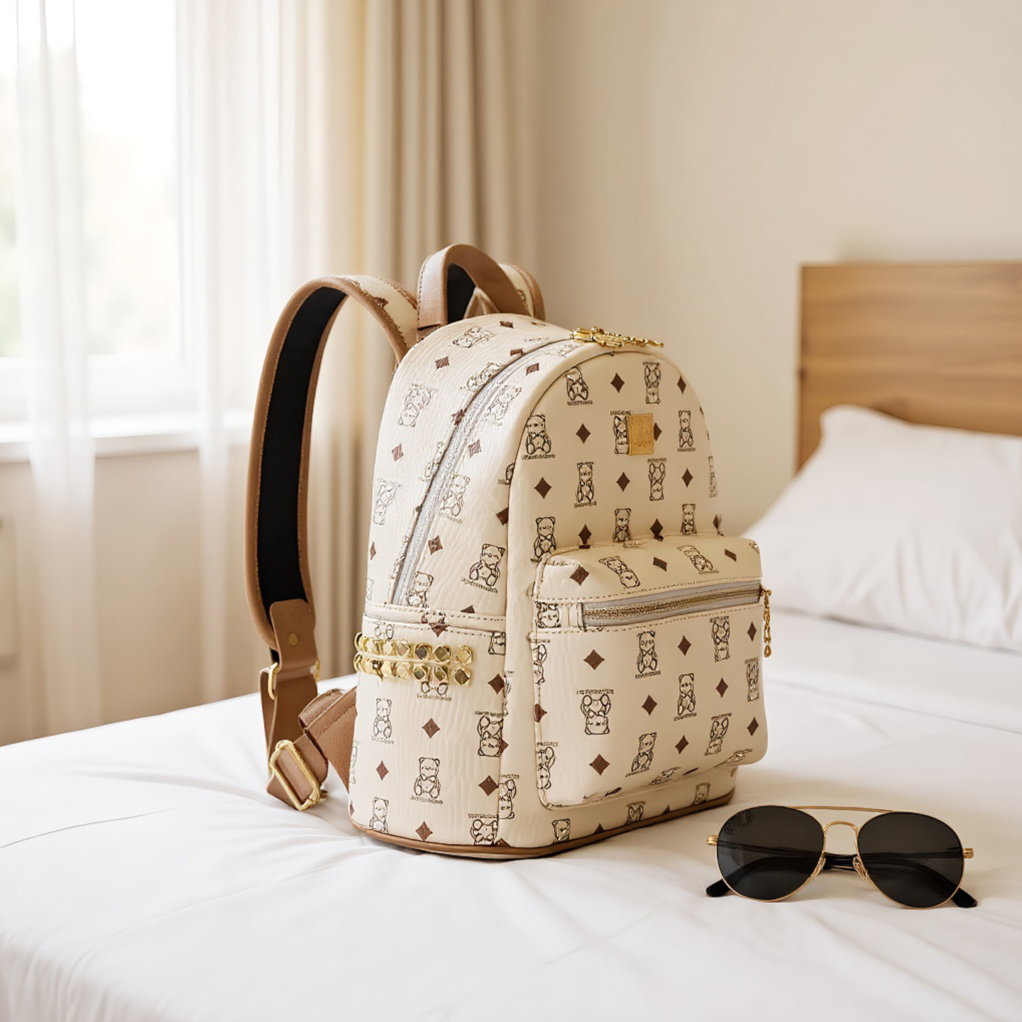 2025新潮女大学生旅游包大容量高级感可爱小熊通勤防水双肩包女士