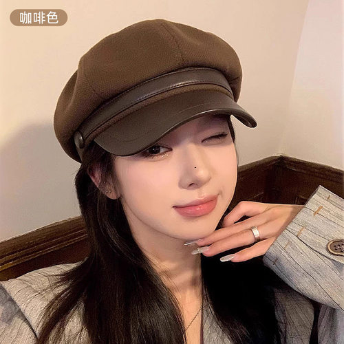 ins秋冬毛呢贝雷帽子女百搭网红鸭舌帽复古英伦风显脸小众八角帽