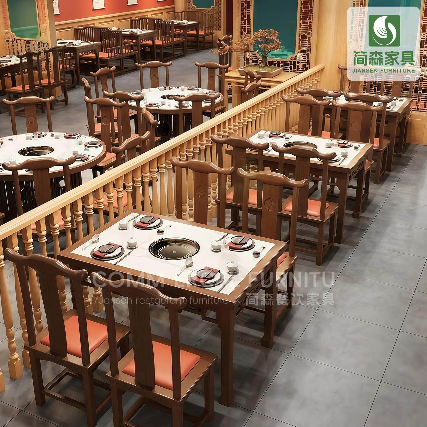 新中式火锅桌无烟电磁炉一体饭店烤肉串串香商用实木桌椅组合定制