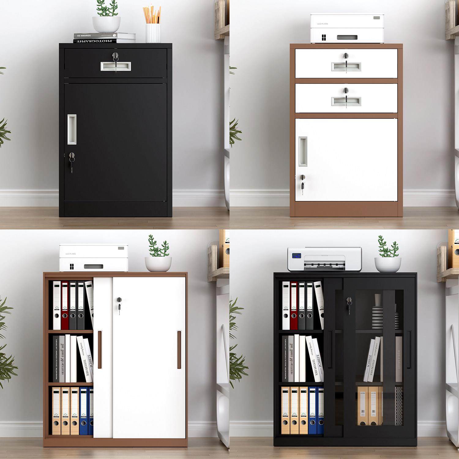 铁皮文件柜办公室矮柜储物柜带锁小柜子桌下抽屉档案资料收纳边柜