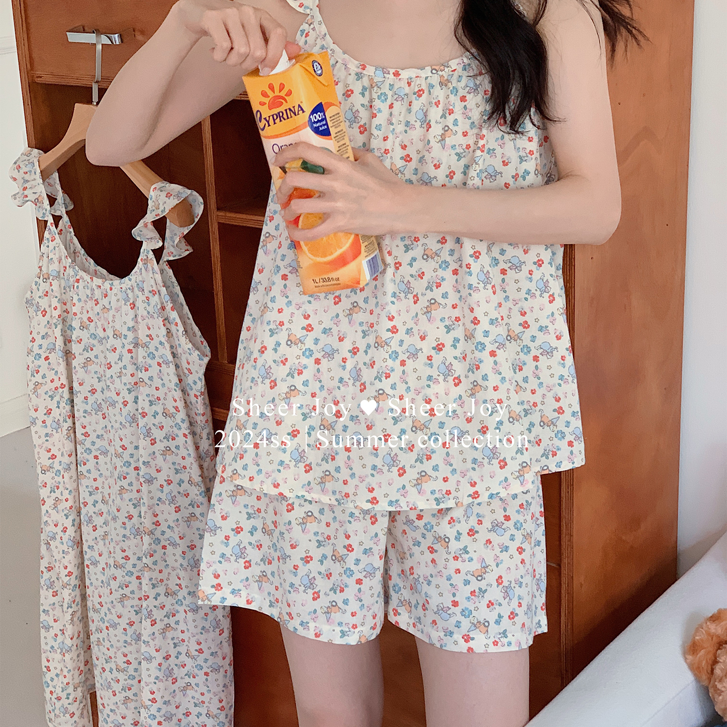 睡衣女夏季纯棉双层纱可爱小飞袖