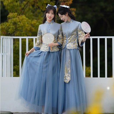 中式伴娘服女2024新款秋冬姐妹团蓝色礼服旗袍中国风汉服伴娘裙装
