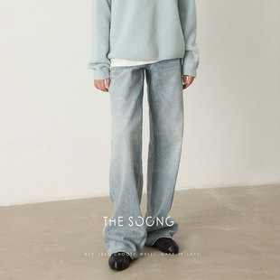 THESOONG/C家石磨裤 加厚直筒拉链14.9安水洗压皱无弹牛仔裤