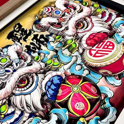 国醒狮摆件工潮艺品创剪纸文面木质20240926多福桌客厅创意摆台精