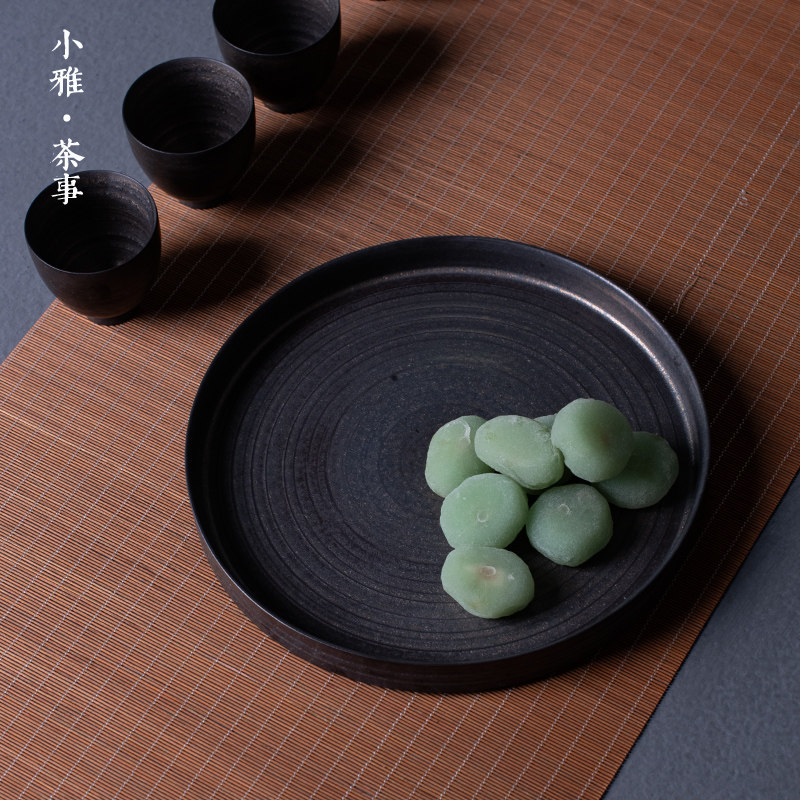 小雅铁釉粗陶壶承壶托圆形干泡盘日式陶瓷茶盘复古手作茶台茶杯