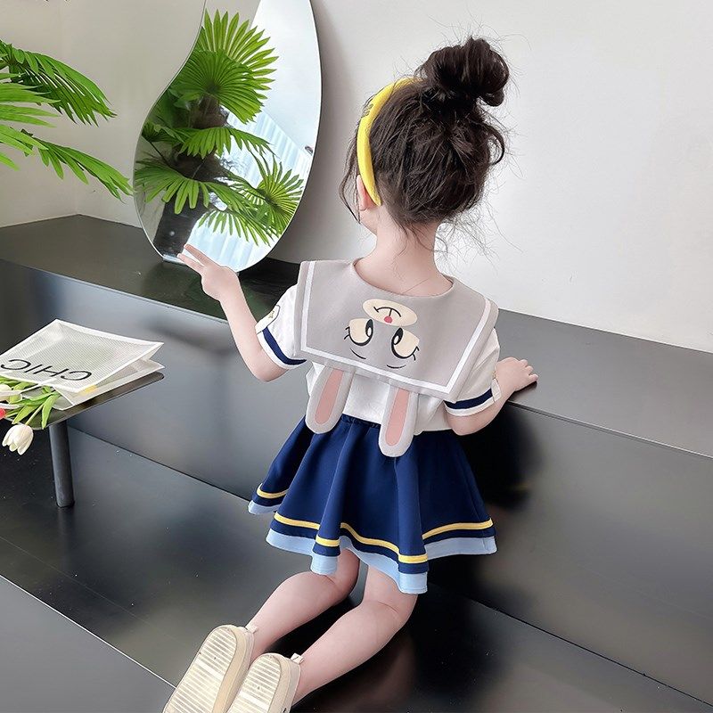 女童夏季2024新款兔耳夏款jk洋气女宝宝夏装时髦学院风百褶裙套装