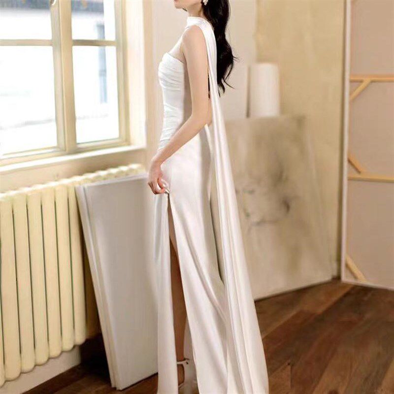 法式白色缎面简约晨袍轻婚纱宴年会生日显瘦新娘红色敬酒晚礼服裙