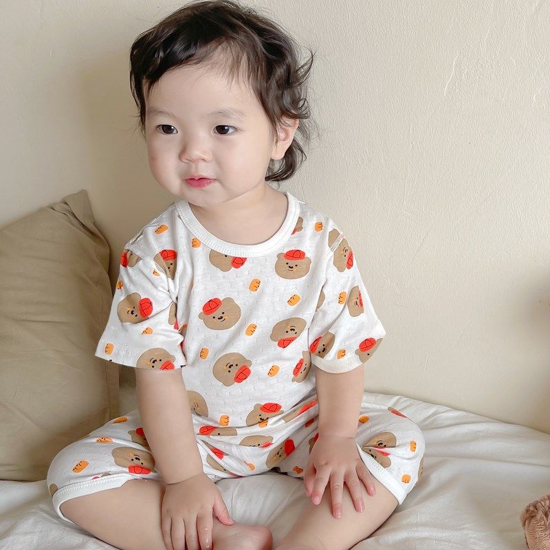 宝宝家居服高腰护肚夏季薄款无骨男童睡衣儿童纯棉短袖女童空调服
