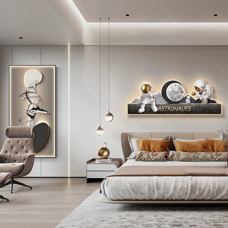 网红宇航员客厅装饰画带钟表儿童房卧室床头挂画男孩房间发光灯画