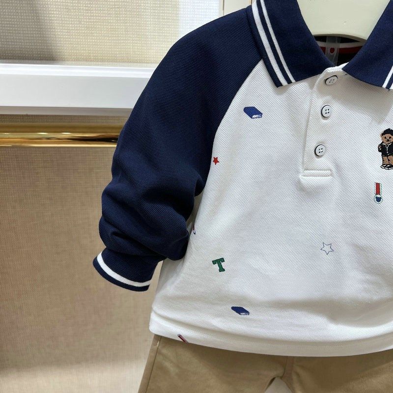 儿童T恤24春秋款男童纯棉满印插肩POLO衫中大童打底洋气长袖上衣