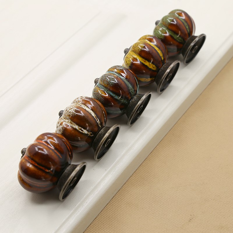 单孔陶瓷南瓜拉手创意美式衣柜抽屉柜门复古把手豹纹免打孔手柄