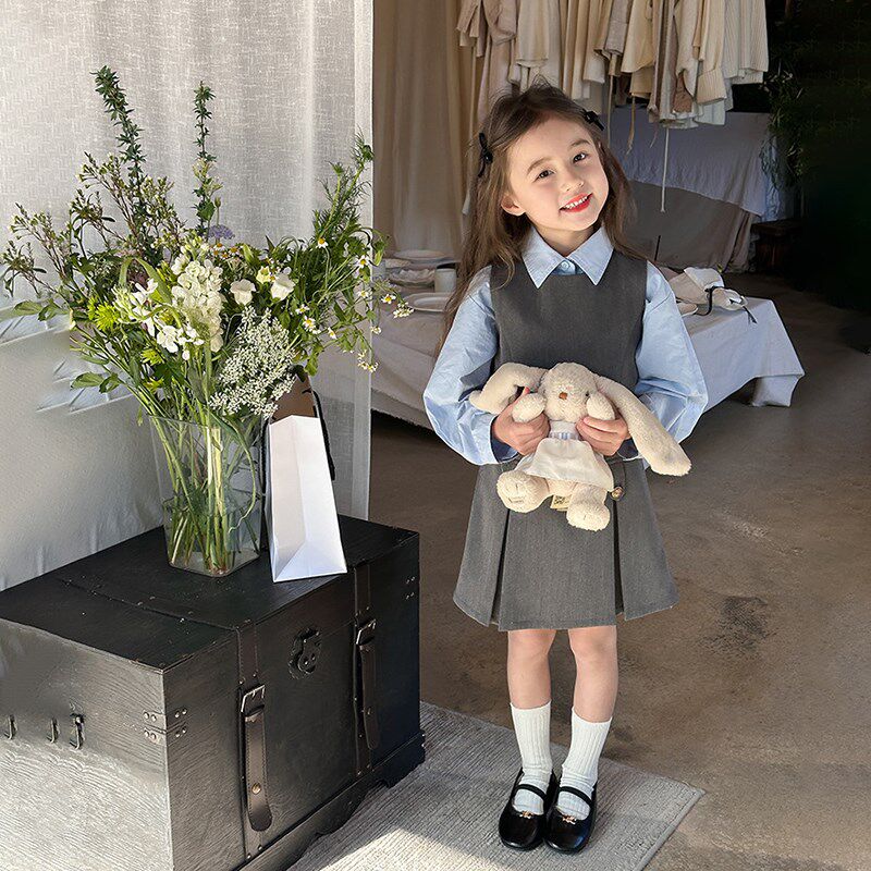 女童春款2024新款春装童装套装儿童童女宝气质学院风背心裙衬衫潮