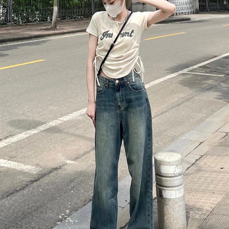 高腰显瘦梨型身材百搭宽松拖地阔腿裤子微胖mm水洗蓝复古牛仔裤女