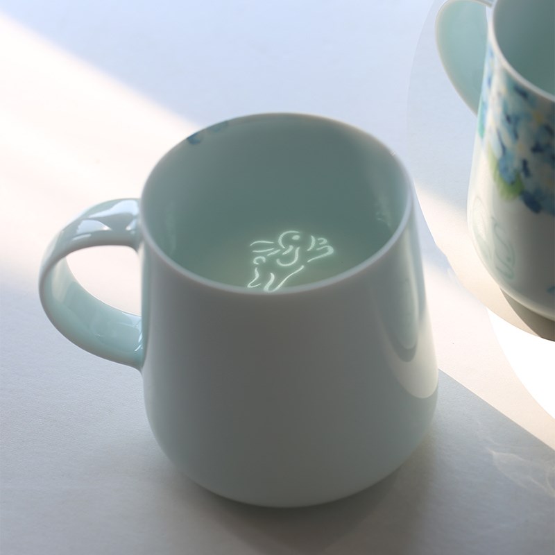 子木绣球花兔子图案马克杯情侣对杯景德镇玲珑陶瓷水杯小清新礼物