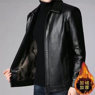 中老年真好皮皮衣男外套中老年加绒翻领大码 皮夹克 绵羊男士