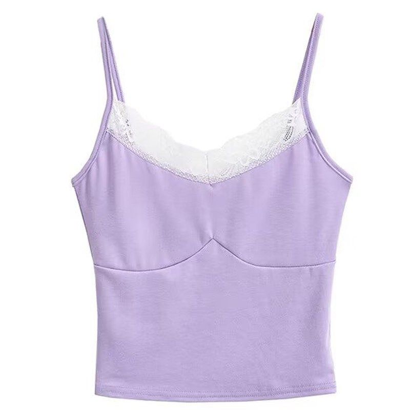 复古性感少女舒适内搭拼色V领拼接蕾丝修身短款显瘦吊带打底背心