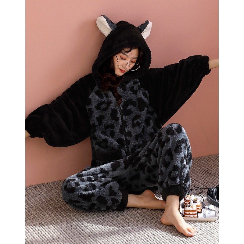 2024新款珊瑚绒睡衣女士秋冬季豹纹连体可爱卡通家居服加厚法兰绒,女士内衣/男士内衣/家居服,睡衣/家居服套装,淘宝优惠券,粉丝福利购,淘宝优惠卷